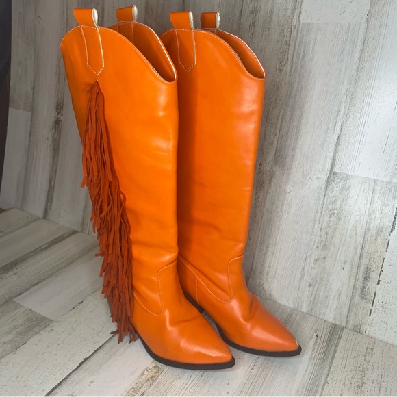Knee High Faux Leather Tassel Fringe Pointed Toe Cowboy Boots- Orange Size 38 - Picture 11 of 16